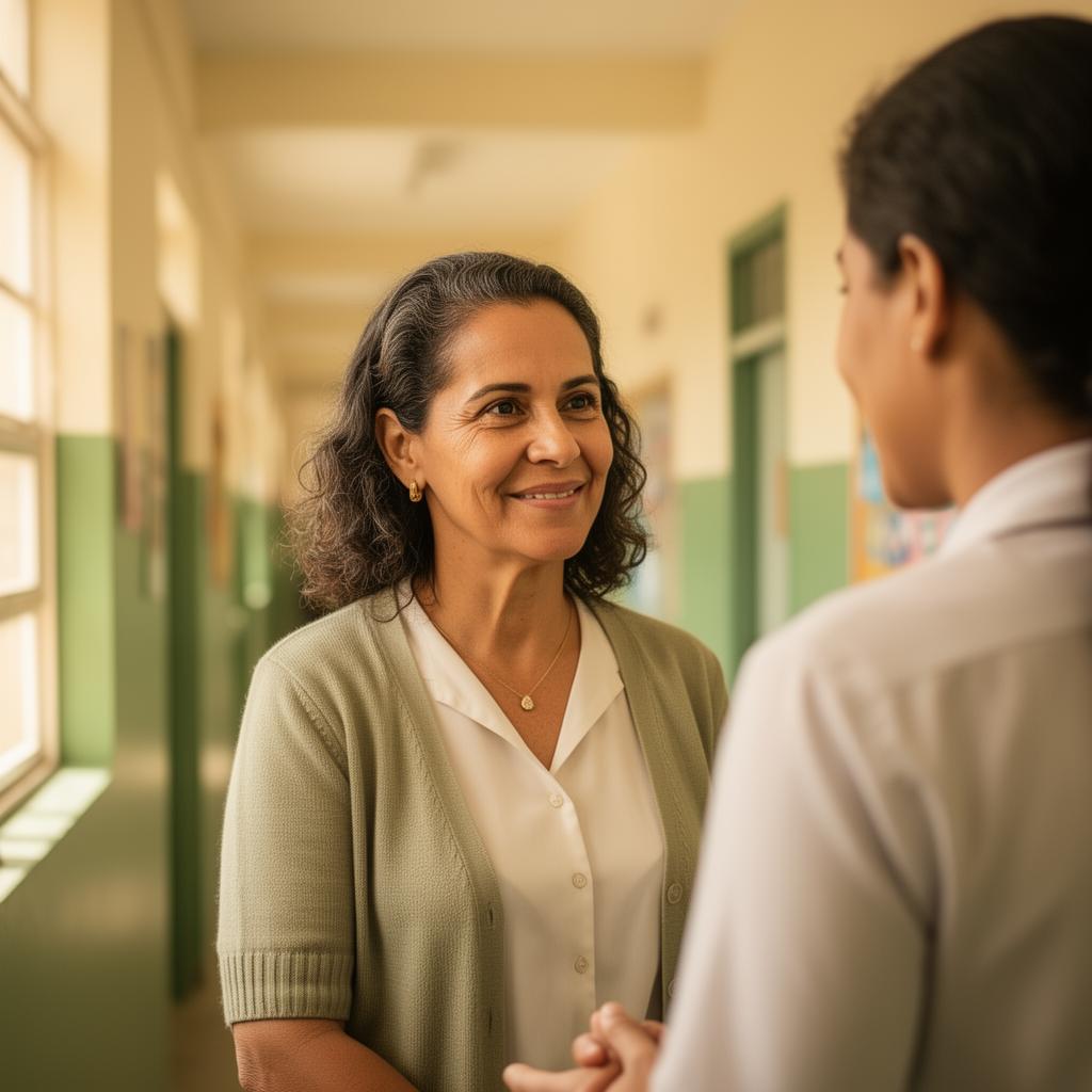Educadora conversando com colega no corredor da escola